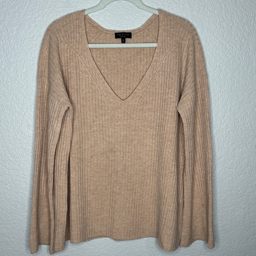 Rag & Bone Mitchell 100% Merino Wool V Neck Ribbed Sweater Oat Large - Picture 3 of 7